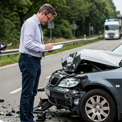 Gutachter und Polizei dokumentieren einen schweren Autounfall auf der Straße – Unfallgutachten